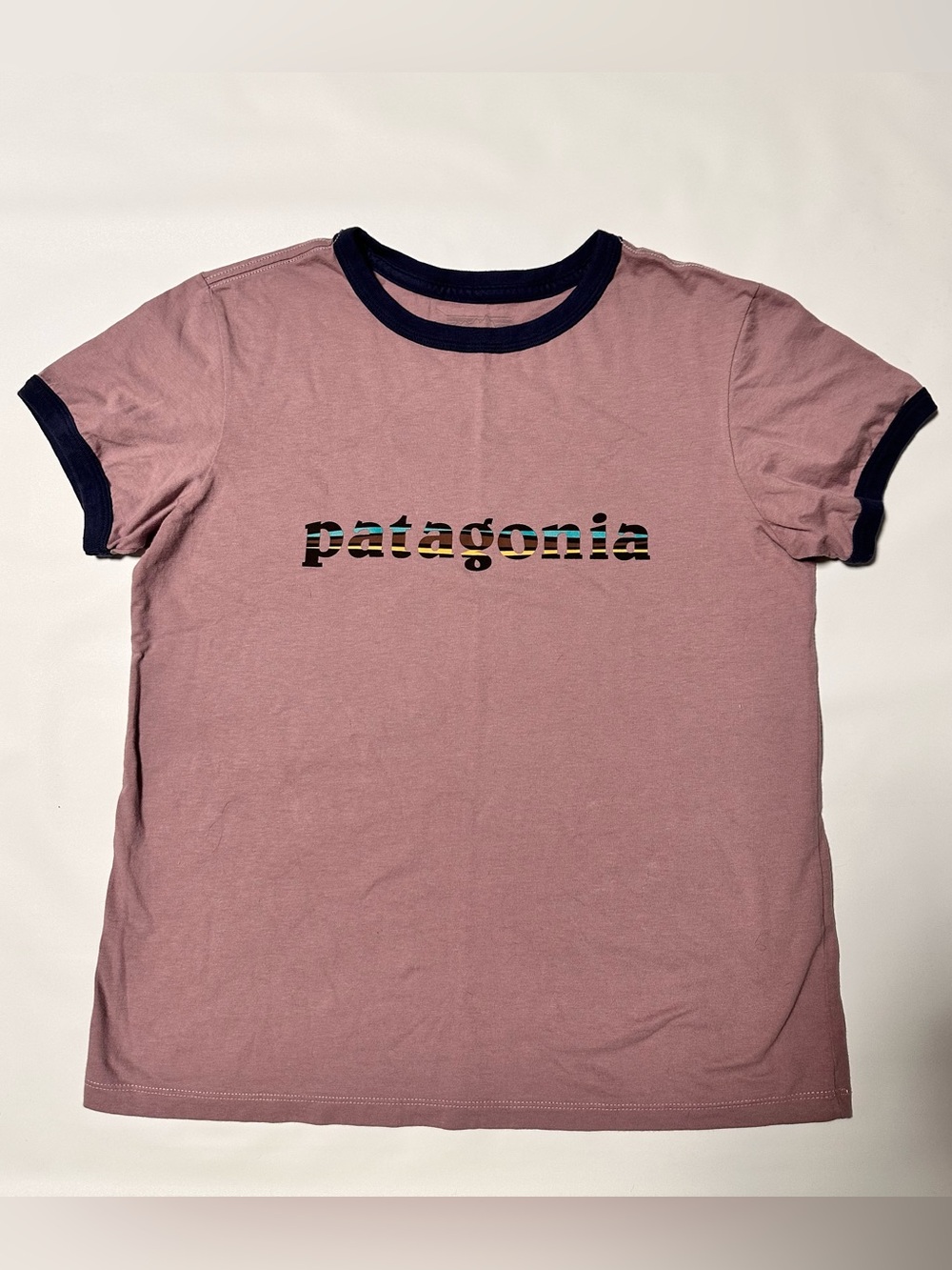 Patagonia Dusty Rose Tee with Navy Ringer Trim